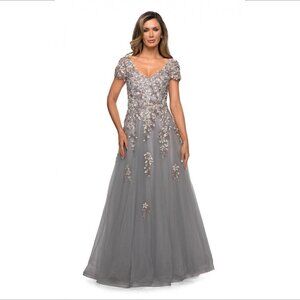 La Femme embellished embroidery ball gown dress maxi tulle gray gold gala new 2